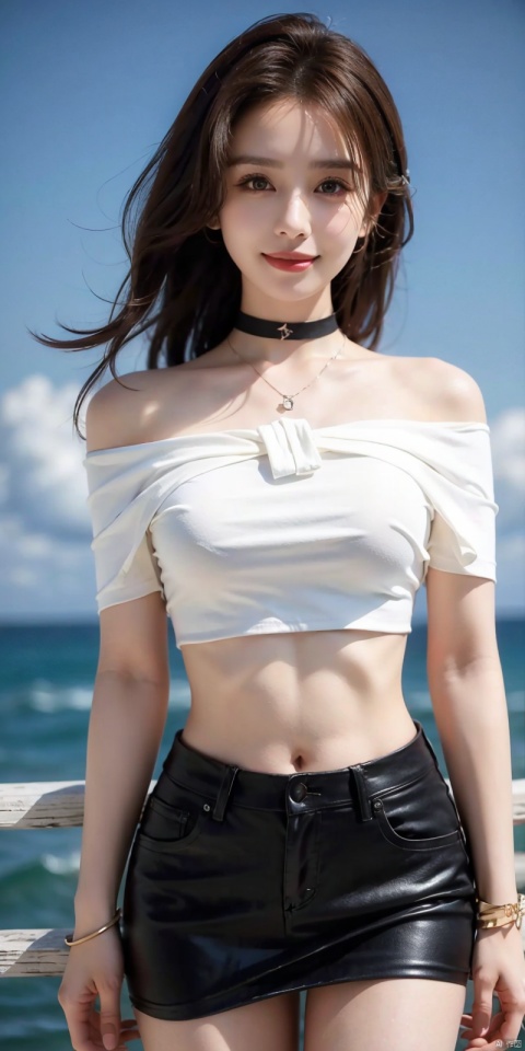  cowboy_shot,(Good structure), DSLR Quality,Short skirt,Blue sky, white clouds, ocean, nai3, 1girl, solo, crop top, , choker, navel, shirt, midriff, crop top overhang, looking at viewer, white shirt, jewelry, breasts, bare shoulders, off-shoulder shirt, off shoulder, black choker, thighs, stomach, long hair, bracelet, short sleeves, ribbon, hand up, collarbone, hair ribbon, medium breasts, , bra strap, , hair ornament, thigh gap, necklace, expressionless, , ,kind smile,liushi