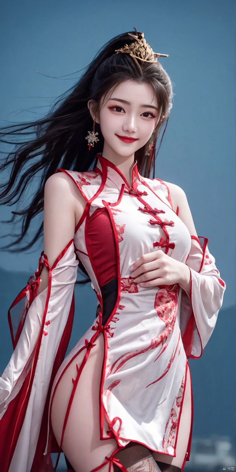  best quality, masterpiece,  ,(Good structure), DSLR Quality,Depth of field,kind smile,looking_at_viewer,Dynamic pose, 

A young model in Chinese dress poses with her arms leisurely, in front of divine light with silhouette light illuminating the edges of the long curly hair, snowflake, outdoors,
Excellent skin texture, gaze deeply, cheerful atmosphere, in the style of eye-catching resin jewelry, matte photo, minimalist beauty, meticulous linework precision, The background is a bustling city,High resolution,8K, neo-chinese style, huayu, 1girl,police,thighhighs, , , , Detail, china dress, blackpantyhose, , dress, , ,  , jiujiu