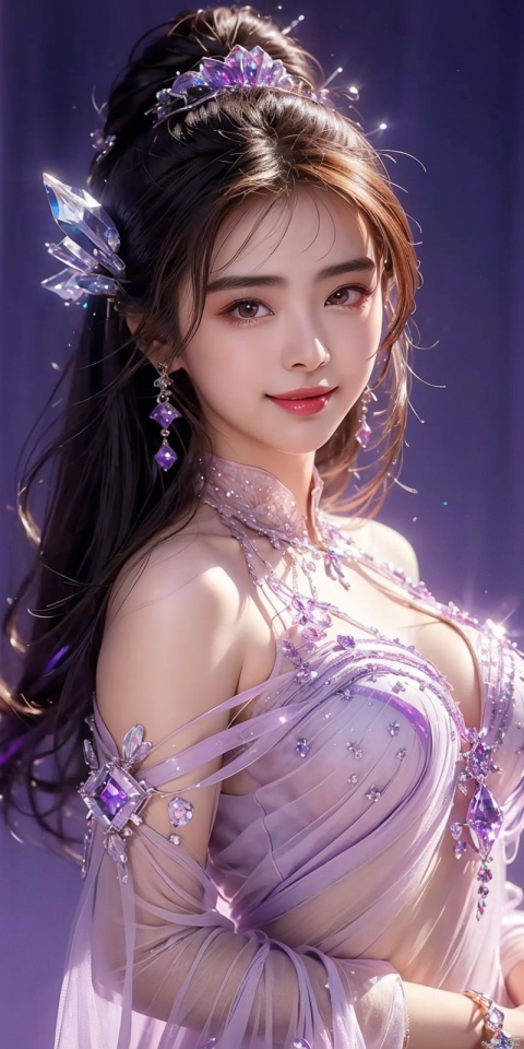  (Good structure),cowboy_shot, DSLR Quality,Depth of field ,looking_at_viewer,Dynamic pose, , kind smile,
1 girl,(Purple light effect),hair ornament,jewelry,looking at viewer, (\meng ze\), wangyushan, dofas,(ultra-detailed crystallization),transparent crystals, , , , wangzuxian