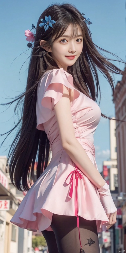  best quality, masterpiece, realistic,cowboy_shot,(Good structure), DSLR Quality,Depth of field,kind smile,looking_at_viewer,Dynamic pose, 
1girl, solo, long hair, breasts, looking at viewer, blush, bangs, blue eyes, hair ornament, gloves, sheath dress, hair between eyes, medium breasts, very long hair, standing,  flower,, , outdoors,  sky, day, pointy ears, , cloud, hair flower,  blue sky, pink flower, wangyushan, blackpantyhose