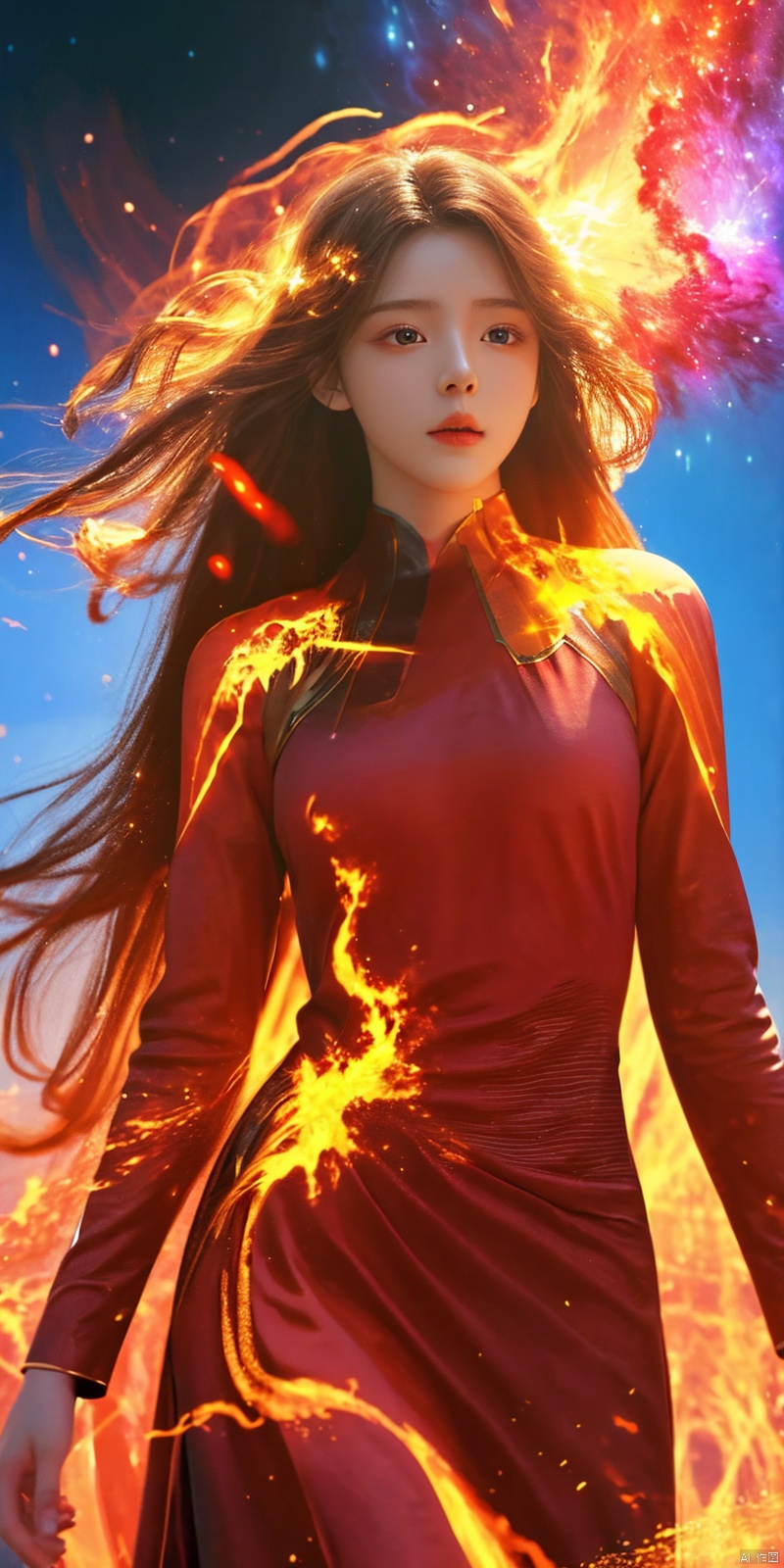 masterpiece, 1 girl, Look at me, Long hair, Flame, A magical scene, glowing, Floating hair, realistic, Nebula, An incredible picture, The magic array behind it, Stand, textured skin, super detail, best quality, , huolinger,dress, 1girl