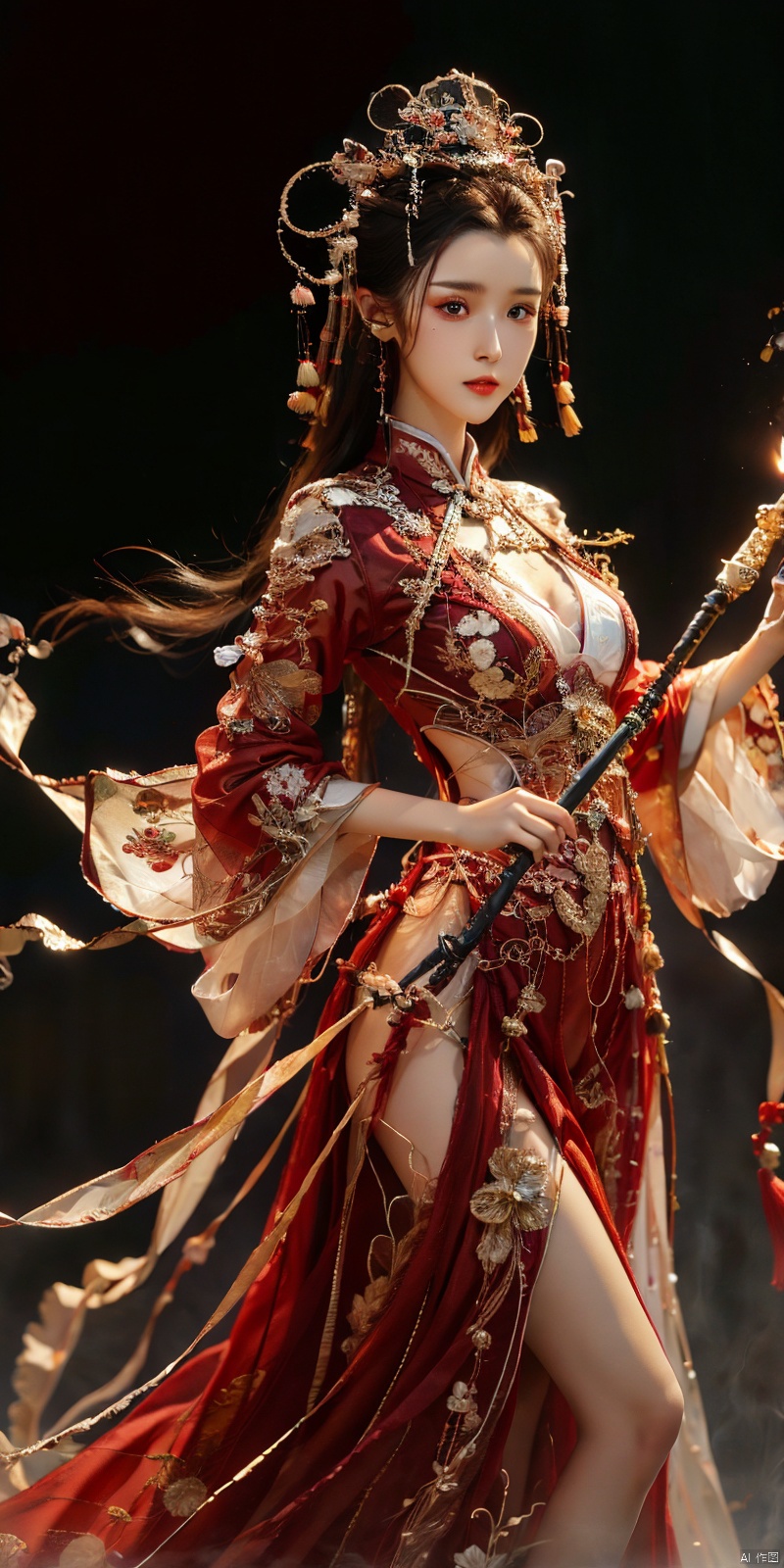  cowboy_shot,(Good structure), DSLR Quality,Depth of field,kind smile,looking_at_viewer,Dynamic po,masterpiece, official art, extremely detailed cg unity 8k wallpaper, highly detailed, absurdres, 8k resolution, 1girl, long hair, solo, black hair, dress, holding, fire, white dress, staff, barefoot, jewelry, dark skin, long dress, breasts, weapon, polearm, holding staff, bracelet, looking at viewer, dark-skinned female, standing, torn clothes, blood, spear, holding weapon, medium breasts, floating hair, closed mouth, embers, holding polearm , depth of field, panorama, cinematic lighting, ray tracing, ((poakl)), chineseclothes, hanikezi