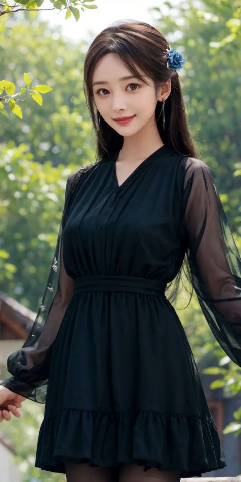  best quality, masterpiece, realistic,,(Good structure), DSLR Quality,Depth of field,kind smile,looking_at_viewer,Dynamic pose, 
1girl, solo, long hair, breasts, looking at viewer, bangs, brown hair, long sleeves, dress, holding, jewelry, green eyes, standing, flower, cowboy shot, earrings, black dress, head tilt, see-through, petals, floating hair, rose, feathers, blue flower, branch, , holding flower, blue rose, blue feathers, shibuya rin
, blackpantyhose,lichun