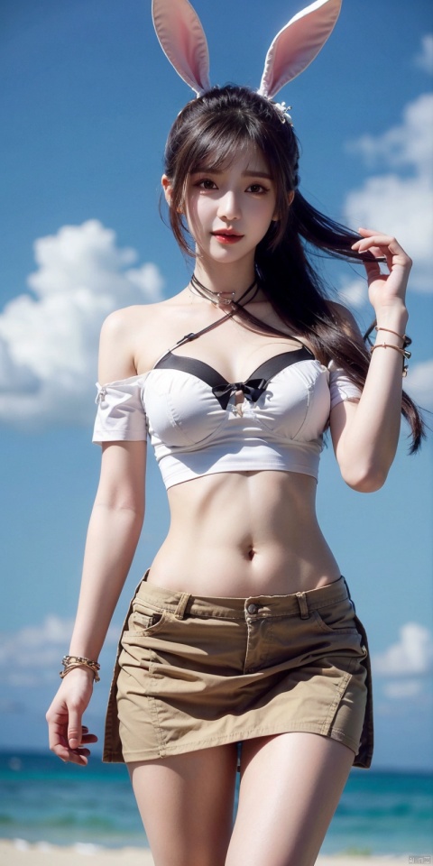 best quality, masterpiece, cowboy_shot,(Good structure), DSLR Quality,Depth of field,kind smile,looking_at_viewer,Dynamic pose, 
,Short skirt,Blue sky, white clouds, ocean, nai3, 1girl, solo, crop top, , choker, navel, shirt, midriff, crop top overhang, looking at viewer, white shirt, jewelry, breasts, bare shoulders, off-shoulder shirt, off shoulder, black choker, thighs, stomach, long hair, bracelet, short sleeves, ribbon, hand up, collarbone, hair ribbon, medium breasts, , bra strap, , hair ornament, thigh gap, necklace, expressionless, , ,, ,rabbitears,longhair , , xiaowu