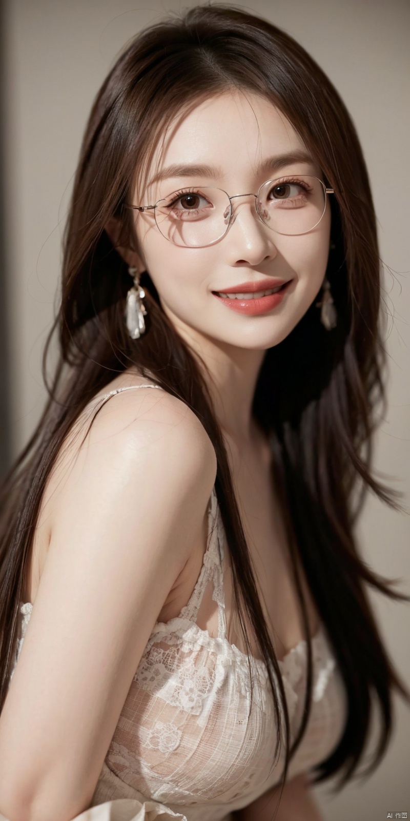  best quality, masterpiece, realistic,cowboy_shot,(Good structure), DSLR Quality,Depth of field,kind smile,looking_at_viewer,Dynamic pose, 
longni, 1girl, solo, glasses, long hair, looking at viewer, earrings, jewelry, lips, brown hair, blurry, realistic