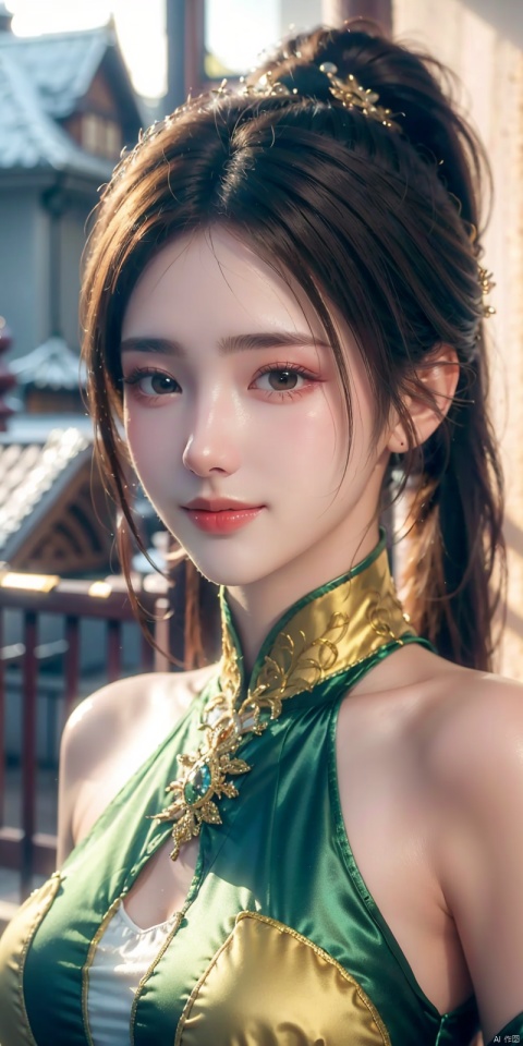  , best quality, 8K, HDR, highres, absurdres:1.2, blurry background, bokeh:1.2, Photography, (photorealistic:1.4), (masterpiece:1.3), (intricate details:1.2), 1girl, solo, delicate, (detailed eyes), (detailed facial features), petite,skin tight, (looking_at_viewer), from_front, (skinny), (lipgloss, caustics, Broad lighting, natural shading, 85mm, f/1.4, ISO 200, 1/160s:0.75),dress, , ((poakl)),Light master,,nalanyanran,ponytail,kind smile,