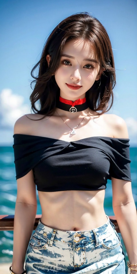  cowboy_shot,(Good structure), DSLR Quality,Short skirt,Blue sky, white clouds, ocean, nai3, 1girl, solo, crop top, , choker, navel, shirt, midriff, crop top overhang, looking at viewer, white shirt, jewelry, breasts, bare shoulders, off-shoulder shirt, off shoulder, black choker, thighs, stomach, long hair, bracelet, short sleeves, ribbon, hand up, collarbone, hair ribbon, medium breasts, , bra strap, , hair ornament, thigh gap, necklace, expressionless, , ,kind smile,liushi