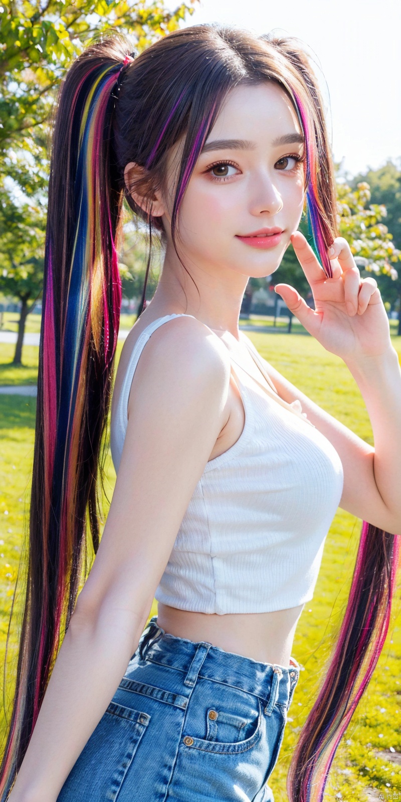  cowboy shot,(Good structure), DSLR Quality,Depth of field,kind smile,looking_at_viewer,Dynamic pose,、Butterfly Fairy、Metamorphosis、,（The gesture of presenting a bouquet、Holding a bouquet of flowers in your hands）、Morning park、、、 (8K, Photorealistic, Raw photo, Best Quality: 1.4), Beautiful face, (Realistic face), Beautiful detailed eyes, (Realistic skin), Attractive, Intricate details,Golden ratio, 1 girl,Naughty smile, (rainbow hair:1.4),((Long twintails,Ribbon 1.4)),,(Blue Butterfly Hair Ornament 1.3),
,Dynamic Pose,Dynamic Angle,Intricate details, Hyper realistic、Face enhancement、、Autumn Park、the morning sun、、rainbows, , ((poakl)), tasha,Short top, sleeveless, short skirt
, 1girl