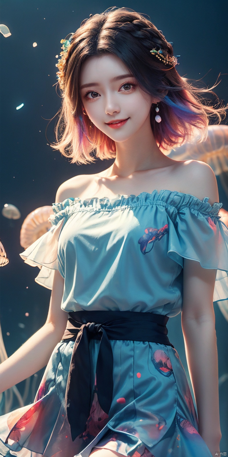  best quality, masterpiece, cowboy_shot,(Good structure), DSLR Quality,Depth of field,kind smile,looking_at_viewer,Dynamic pose, 
Colorful Girl, 1Girl,Colorful jellyfish, colorful jellyfish floating in the air,Close shot, large jellyfish on head, front, upper body, above thighs, blue **** top dress, complex fluid shaped colored short skirt at waist, off shoulder, colorful print, looking at the camera, colored gradient hair, dark gradient background, depth of field, glow, hand101, 1girl, jiangli