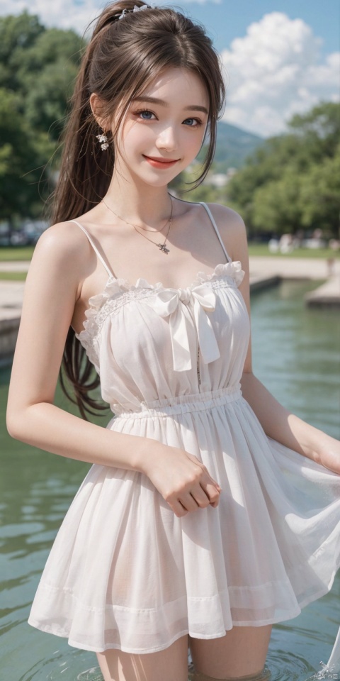  best quality, masterpiece, realistic, ,(Good structure), DSLR Quality,Depth of field,kind smile,looking_at_viewer,Dynamic pose, 
1girl, solo, long hair, breasts, looking at viewer, blush, , bangs, blue eyes,, dress, bow, , bare shoulders, jewelry, very long hair, collarbone, ponytail, white hair, hair bow, thighs, outdoors, sky, sleeveless, day, cloud, water, necklace, white dress, hair over one eye, bracelet, blue sky, blue bow, wading, pendant, doll, skirt hold, rainbow, anastasia \(fate\), eluosi