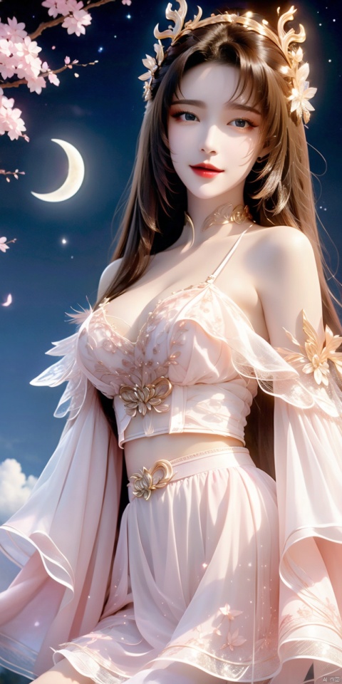 cowboy shot,(Good structure), DSLR Quality,Depth of field,kind smile,looking_at_viewer,Dynamic pose,,1girl, bare_shoulders, bug, butterfly, cleavage, cloud, crescent_moon, full_moon, hair_ornament, lips, long_hair, looking_at_viewer, medium_breasts, moon, moonlight, night, night_sky, red_lips, kneeling, sky, solo, star_\(sky\), starry_sky, sun,,,,  tianhu