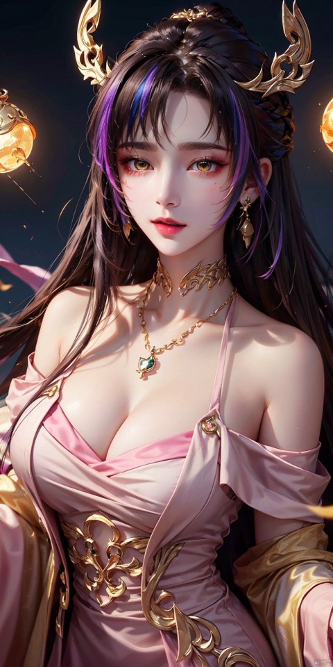  1girl,Bangs, off shoulder, colorful_hair, ((colorful hair)),golden dress, yellow eyes, chest, necklace, pink dress, earrings, floating hair, jewelry, sleeveless, very long hair,Looking at the observer, parted lips, pierced,energy,electricity,magic, dofas, forehead mark,tianhu