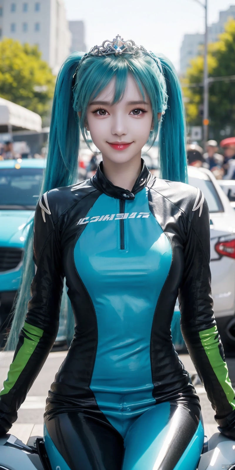  best quality, masterpiece, realistic,cowboy_shot,(Good structure), DSLR Quality,Depth of field,kind smile,looking_at_viewer,Dynamic pose, 
1girl, hatsune miku, solo, best quality, gradient background, vehicle focus, sitting, aqua eyes, very long hair, aqua hair, twintails, breasts, bodysuit, ground vehicle, car, crown, motorcycle, race queen, 