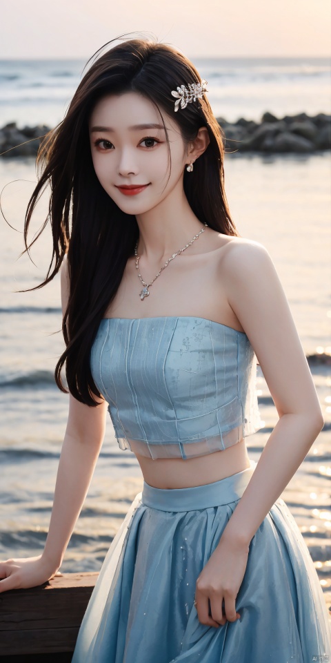  best quality, masterpiece, realistic,cowboy_shot,(Good structure), DSLR Quality,Depth of field,kind smile,looking_at_viewer,Dynamic pose, 
1girl, solo, long hair, , looking at viewer, skirt, hair ornament, bare shoulders, jewelry, , black hair, earrings, outdoors, midriff, water, necklace, lips, crop top, grey eyes, leaning forward, ocean, white skirt, strapless vest, sunset, sun, , ,  dress,blue dress, songyi
