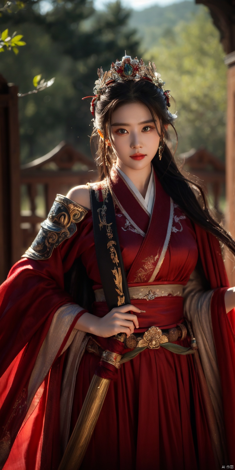 best quality, masterpiece, realistic,cowboy_shot,(Good structure), DSLR Quality,Depth of field,kind smile,looking_at_viewer,Dynamic pose, 
, 1girl,Wearing a jade crown, shining silver armor, a. Treading towards the sky with   tendon boots; Wearing a crimson cloak on her shoulders, carrying a three foot green blade on her waist, and carrying an iron tire bow on her back, coupled with her tall figure and resolute expression,Facing the camera, liuyifei,  