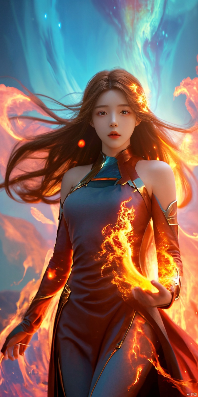 masterpiece, 1 girl, Look at me, Long hair, Flame, A magical scene, glowing, Floating hair, realistic, Nebula, An incredible picture, The magic array behind it, Stand, textured skin, super detail, best quality, , huolinger,dress, 1girl