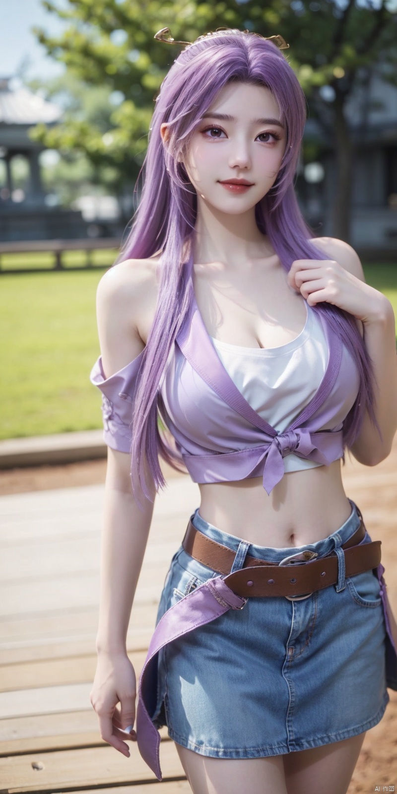  best quality, masterpiece, cowboy_shot,(Good structure), DSLR Quality,Depth of field,kind smile,looking_at_viewer,Dynamic pose,
 1girl, 3d, bare_shoulders, belt, blurry, blurry_background, blurry_foreground, branch, breasts, brown_eyes, brown_hair, collarbone, cosplay_photo, denim, denim_skirt, depth_of_field, hand_on_own_chest, lips, long_hair, looking_at_viewer, midriff, miniskirt, motion_blur, navel, outdoors, photo_\(medium\), realistic, skirt, solo, standing, tree, , yunxiao,purple_hair