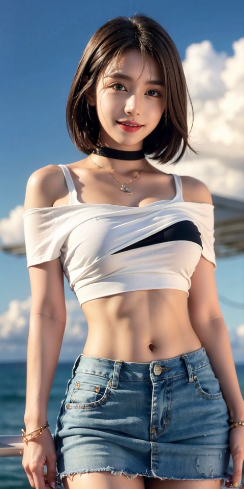  cowboy_shot,(Good structure), DSLR Quality,Short skirt,Blue sky, white clouds, ocean, nai3, 1girl, solo, crop top, , choker, navel, shirt, midriff, crop top overhang, looking at viewer, white shirt, jewelry, breasts, bare shoulders, off-shoulder shirt, off shoulder, black choker, thighs, stomach, long hair, bracelet, short sleeves, ribbon, hand up, collarbone, hair ribbon, medium breasts, , bra strap, , hair ornament, thigh gap, necklace, expressionless, , ,kind smile, , youna,short hair,brown hair, 