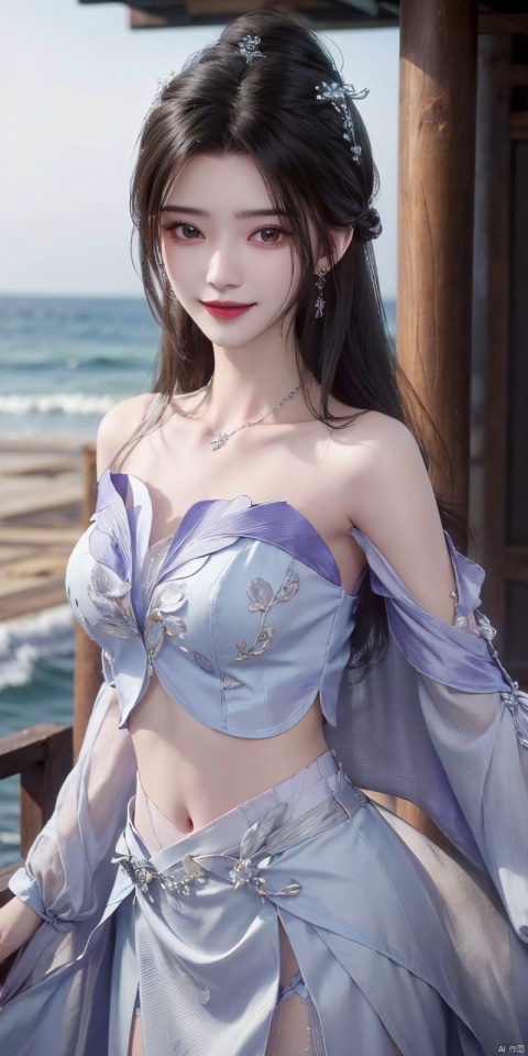  (Good structure),cowboy_shot, DSLR Quality,Depth of field ,looking_at_viewer,Dynamic pose, , kind smile,,
1girl, solo, long hair, , looking at viewer, skirt, hair ornament, bare shoulders, jewelry, , black hair, earrings, outdoors, midriff, water, necklace, lips, crop top, grey eyes, leaning forward, ocean, white skirt, strapless vest, sunset, sun, , , , , weddingdress, limuwan