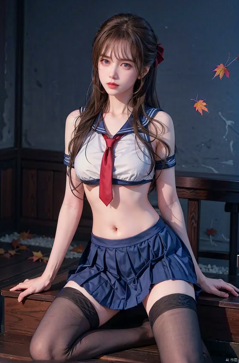  1girl, Autumn, fallen leaves, orange and red tone color,,
 pretty face, (photo realistic: 1.3) , Edge lighting, (high-detail skin) , 8K ultra-hd, DSLR, high quality, high resolution,(photo realistic: 1.3) 
,large breasts, (boobs naked:0.8), ,sailor senshi uniform,blue bow,blue necktie,blue sailor collar,blueskirt,black pantyhose, light master, Detail, , nike