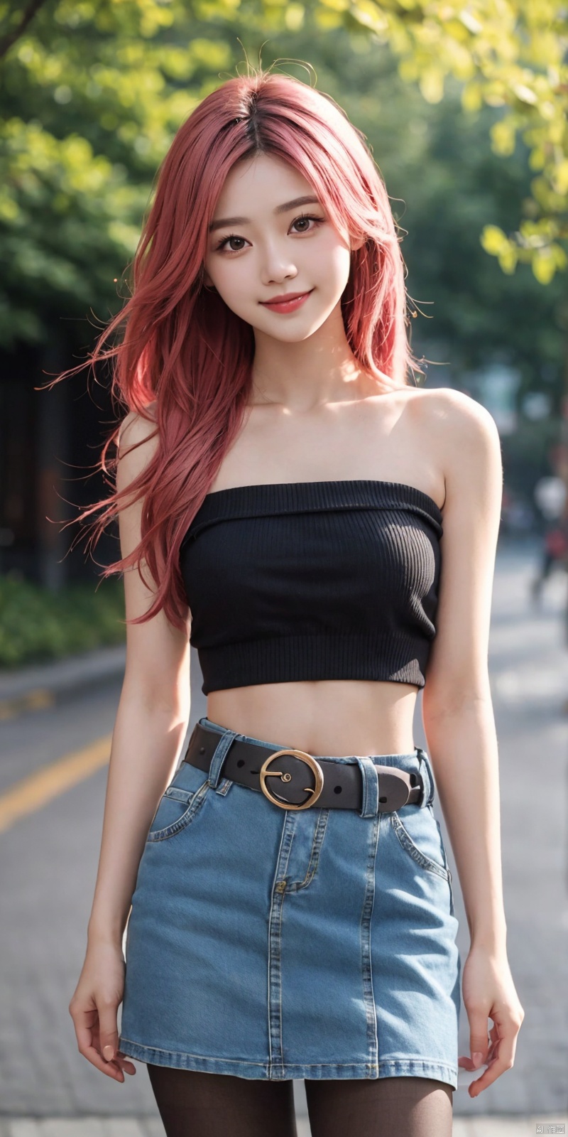  best quality, masterpiece, cowboy_shot,(Good structure), DSLR Quality,Depth of field,kind smile,looking_at_viewer,Dynamic pose,
 1girl, 3d, bare_shoulders, belt, blurry, blurry_background, blurry_foreground, branch, , , , collarbone, cosplay_photo, denim, denim_skirt, depth_of_field, , lips, long_hair, looking_at_viewer, midriff, miniskirt, motion_blur, navel, outdoors, photo_\(medium\), realistic, skirt, solo, standing, tree, , , , blackpantyhose, , yae miko,pink hair