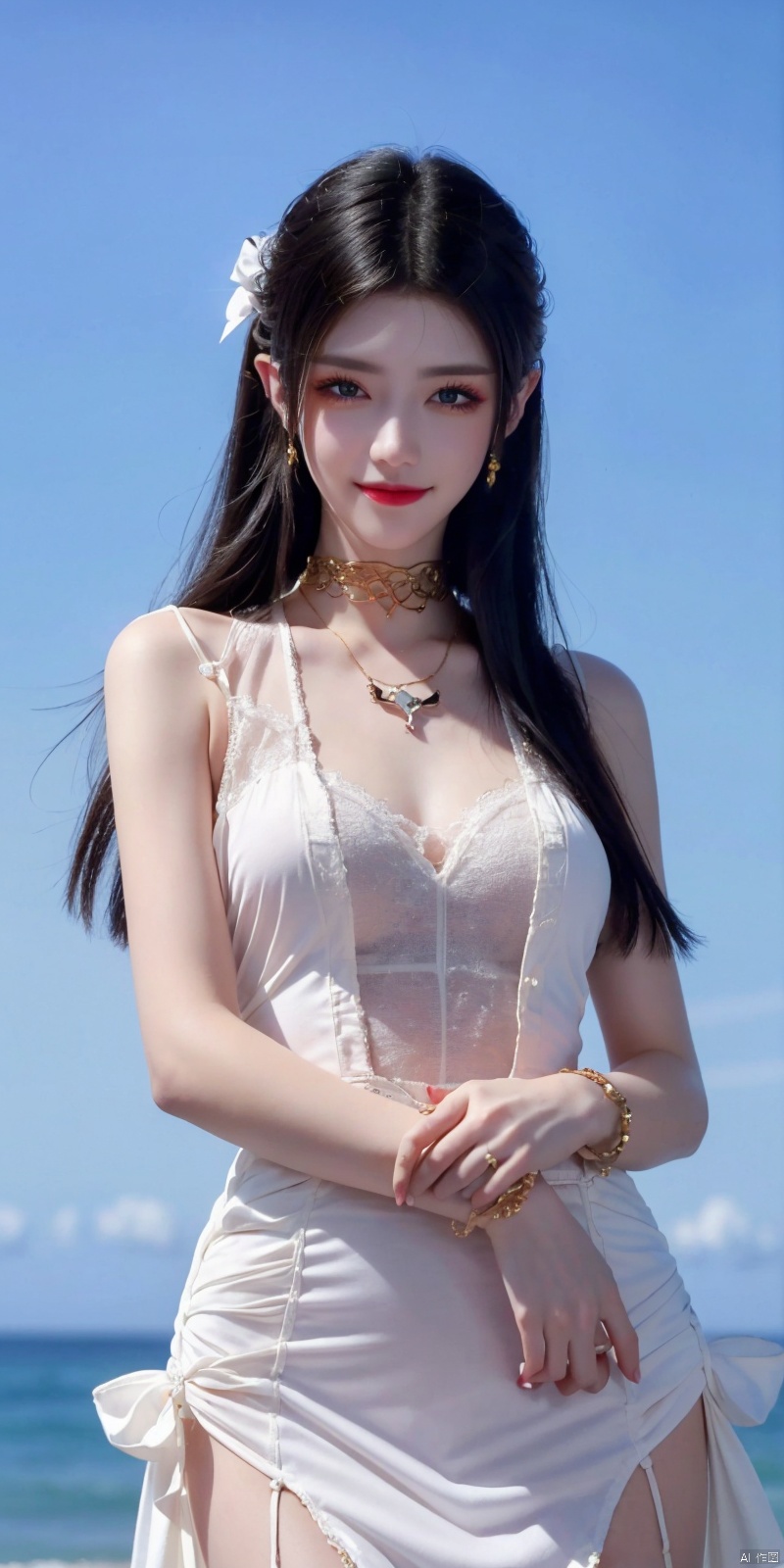  best quality, masterpiece, realistic, ,(Good structure), DSLR Quality,Depth of field,kind smile,looking_at_viewer,Dynamic pose, 
1girl, solo, long hair, , looking at viewer, blush, , bangs, blue eyes,, dress, bow, jewelry, very long hair, collarbone,hair bow, thighs, outdoors, sky, sleeveless, day, cloud, water, necklace, white dress, hair over one eye, bracelet, blue sky, blue bow, wading, pendant, doll, , rainbow, anastasia \(fate\), , meidusha, weddingdress