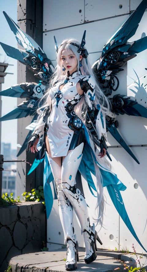  best quality,masterpiece,1girl,pink mecha body,cyborg,blue eyes,brown hair,depth of field,white hair,looking at viewer,1 girl with wings in mecha,Wings Follow Character Proportion,Outstanding,8K wallpaper,jixieji, 1girl, Dragon ear, tianqi, ((poakl)), Detail, white_hair