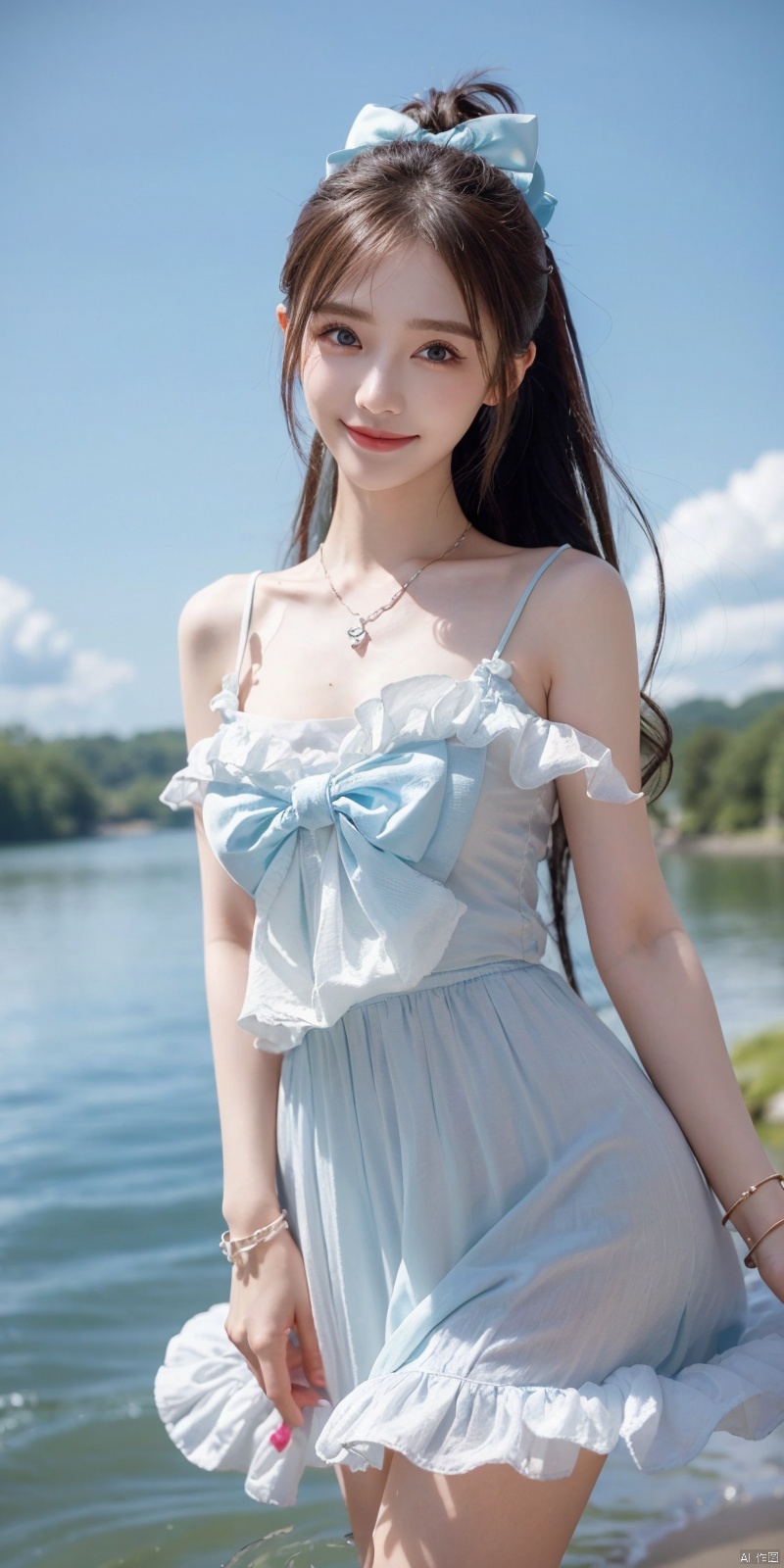  best quality, masterpiece, realistic, ,(Good structure), DSLR Quality,Depth of field,kind smile,looking_at_viewer,Dynamic pose, 
1girl, solo, long hair, breasts, looking at viewer, blush, , bangs, blue eyes,, dress, bow, , bare shoulders, jewelry, very long hair, collarbone, ponytail, white hair, hair bow, thighs, outdoors, sky, sleeveless, day, cloud, water, necklace, white dress, hair over one eye, bracelet, blue sky, blue bow, wading, pendant, doll, skirt hold, rainbow, anastasia \(fate\), , lianmo