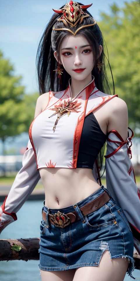  best quality, masterpiece, cowboy_shot,(Good structure), DSLR Quality,Depth of field,kind smile,looking_at_viewer,Dynamic pose,
 1girl, 3d, bare_shoulders, belt, blurry, blurry_background, blurry_foreground, branch, ,  , collarbone, cosplay_photo, denim, denim_skirt, depth_of_field, lips, long_hair, looking_at_viewer, midriff, miniskirt, motion_blur, navel, outdoors, photo_\(medium\), realistic, skirt, solo, standing, tree, ,  , jiujiu