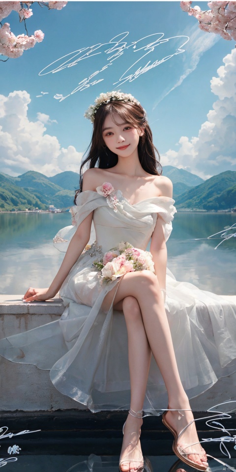  ,(Good structure), DSLR Quality,Depth of field,kind smile,looking_at_viewer,Dynamic pose,,
 best quality, masterpiece, illustration, (reflection light), incredibly absurdres, ((Movie Poster), (signature:1.3), (English text), 1girl, girl middle of flower, pure sky,clear sky, outside, collarbone, sitting, absurdly long hair, clear boundaries of the cloth, white dress, fantastic scenery, ground of flowers, thousand of flowers, colorful flowers, flowers around her, various flowers,bare shoulders,skirt, sandals,, , weddingdress, , , lianmo