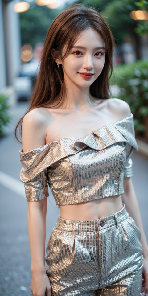  1girl, (looking at viewer), (bokeh:1.1), closed mouth,light smile, realistic, arm up, off shoulder,
pants, skyline,
best quality, (photorealistic:1.4), ultra highres, jinchen