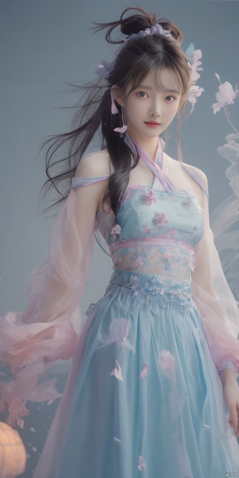  best quality, masterpiece, cowboy_shot,(Good structure), DSLR Quality,Depth of field,kind smile,looking_at_viewer,Dynamic pose, 
 Surrealism Dream Style,glowing neon color,RAW photo,at night,1girl,solo,sea,black hair,ponytail,looking at viewer,long hair,up,lips,sash,water splaashing,hair ornament,realistic,wide sleeves,hanfu,long dress,Semi transparent gauze skirt,surrealist,Best quality,masterpiece,ultra high res,Petal skirt,wind,flowers,bloom,Clouds,smoke,neon lights, 80sDBA style, 1 girl, , , wangyushan