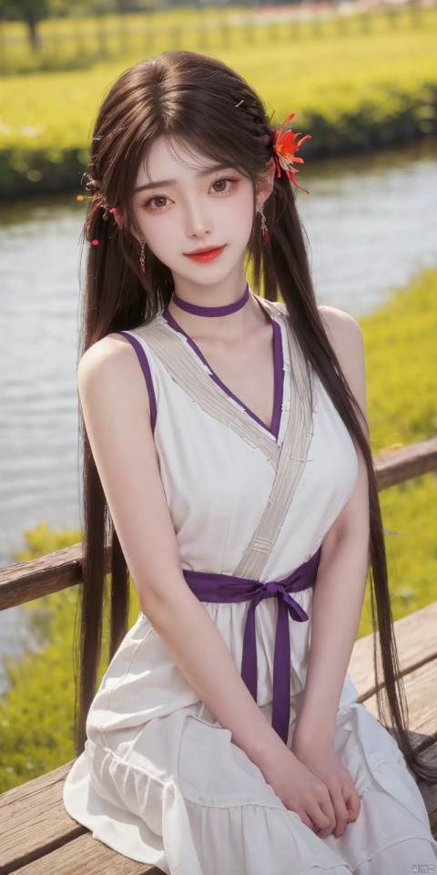 best quality, masterpiece, realistic,cowboy_shot,(Good structure), DSLR Quality,Depth of field,kind smile,looking_at_viewer,Dynamic pose, 
1girl, solo, long hair, breasts, looking at viewer, bangs,   hair ornament, dress, ribbon,  , bare shoulders, twintails, jewelry, medium breasts, sitting, very long hair,  collarbone, hair ribbon, flower, thighs, earrings, outdoors, parted lips, sleeveless, choker, hand up, hair flower, water,  white dress, bare arms, petals,  , sleeveless dress, black choker, short dress, frilled dress, white flower, purple ribbon, spaghetti strap,
 ,huolinger