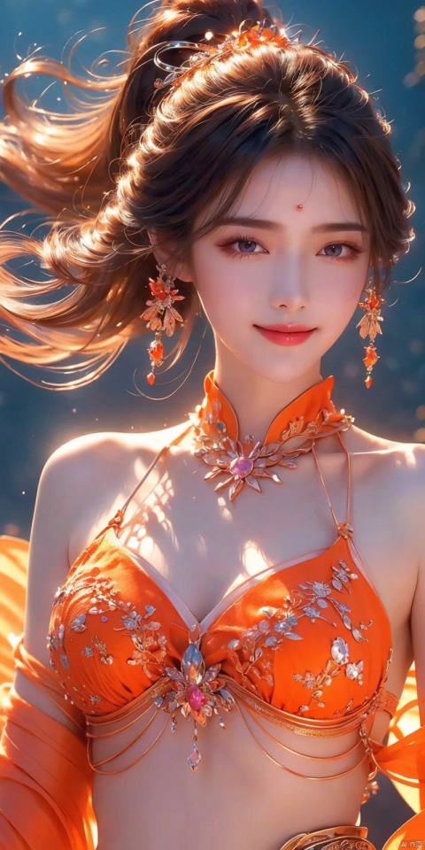 best quality, masterpiece, realistic,cowboy_shot,(Good structure), DSLR Quality,Depth of field,kind smile,looking_at_viewer,Dynamic pose, 
 1 girl,(orange light effect),hair ornament,jewelry,looking at viewer,flower,floating hair,water,underwater,air bubble,submerged, yuechan, 