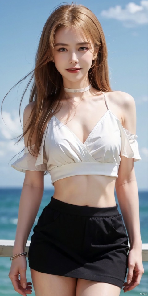  cowboy_shot,(Good structure), DSLR Quality,Short skirt,Blue sky, white clouds, ocean, nai3, 1girl, solo, crop top, , choker, navel, shirt, midriff, crop top overhang, looking at viewer, white shirt, jewelry, breasts, bare shoulders, off-shoulder shirt, off shoulder, black choker, thighs, stomach, long hair, bracelet, short sleeves, ribbon, hand up, collarbone, hair ribbon, medium breasts, , bra strap, , hair ornament, thigh gap, necklace, expressionless, , ,kind smile, ,blonde hair , nike