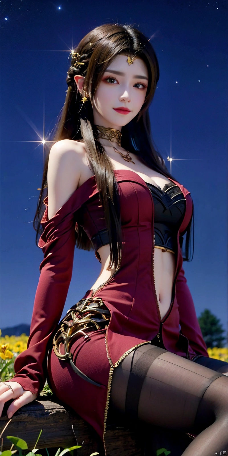  (Good structure),cowboy_shot,Girl in the Flower Field of Lycoris. Sitting in a clearing. 
Long elaborate hairstyle with loose hair and braids, Beautiful hair clips. Burgundy lipstick.
Long fluffy black and burgundy luxury dress,crop top , Elegant clothes. 
 Lycoris petals fly in the wind. 
Esthetics. Good Quality. 
Night., more_details, , starrystarscloudcolorful, moon, night, moonlight, beautiful starry sky,blackpantyhose,looking_at_viewer,kind smile,Dynamic pose,  meidusha