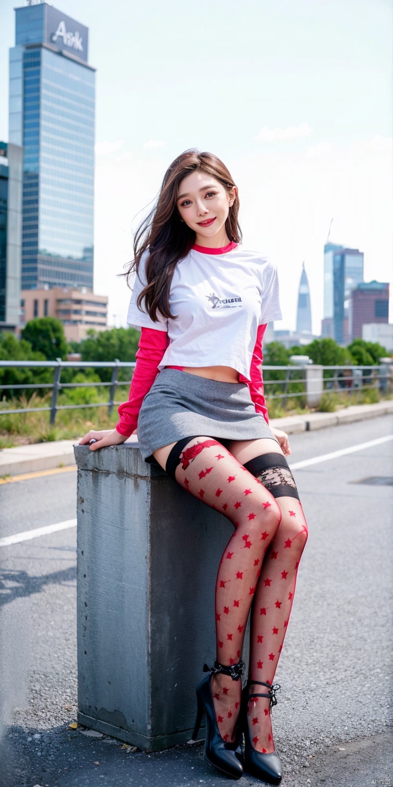  (Good structure),cowboy_shot, DSLR Quality,Depth of field ,looking_at_viewer,Dynamic pose, , kind smile,,（midynight, Acura, 8K, tmasterpiece： 1.3）, outdoor,cowboy_shot,
full bodyesbian, long leges, Focalors： 1.2, perfect figure beautiful woman： 1.4, Slim abs： 1.1, , （Light purple skinny T-shirt, short  skirt,sitting on a stool： 1.2）, （city , the roof： 1.3））, Highly Detailed Face andSkinTextur,detailedeyes,, blackpantyhose, polkadot,printlegwear,argylelegwear,1girl,high heels,,,thighhighs, , Detail,, 1girl, , , aomei
