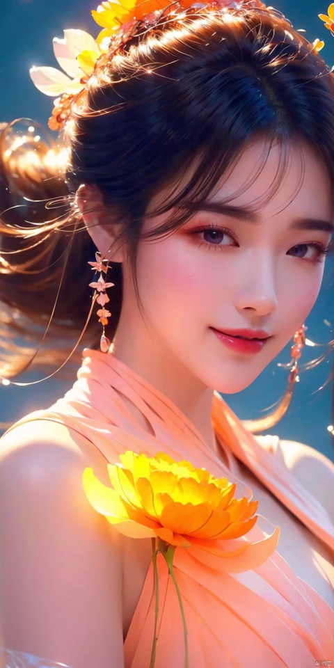best quality, masterpiece, realistic,cowboy_shot,(Good structure), DSLR Quality,Depth of field,kind smile,looking_at_viewer,Dynamic pose, 
 1 girl,(orange light effect),hair ornament,jewelry,looking at viewer,flower,floating hair,water,underwater,air bubble,submerged, yuechan