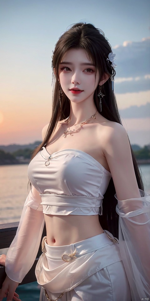  (Good structure),cowboy_shot, DSLR Quality,Depth of field ,looking_at_viewer,Dynamic pose, , kind smile,,
1girl, solo, long hair, , looking at viewer, skirt, hair ornament, bare shoulders, jewelry, , black hair, earrings, outdoors, midriff, water, necklace, lips, crop top, grey eyes, leaning forward, ocean, white skirt, strapless vest, sunset, sun, qingyi, wanglin, yeqinxian, babata