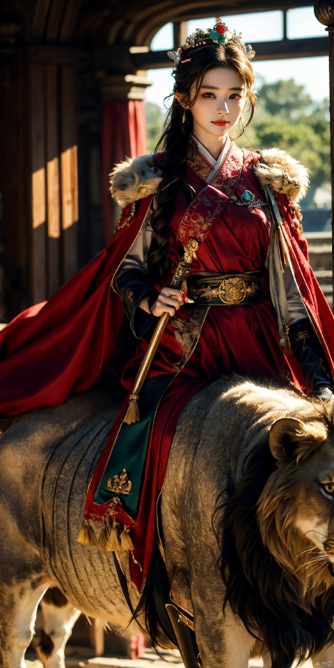 (Good structure), DSLR Quality,Depth of field,kind smile,looking_at_viewer,Dynamic pose, 1girl,Wearing a jade crown, shining silver armor, and wearing a lion headband. Treading towards the sky with cow tendon boots; Wearing a crimson cloak on her shoulders, carrying a three foot green blade on her waist, and carrying an iron tire bow on her back, coupled with her tall figure and resolute expression,Facing the camera, liuyifei, ((poakl))