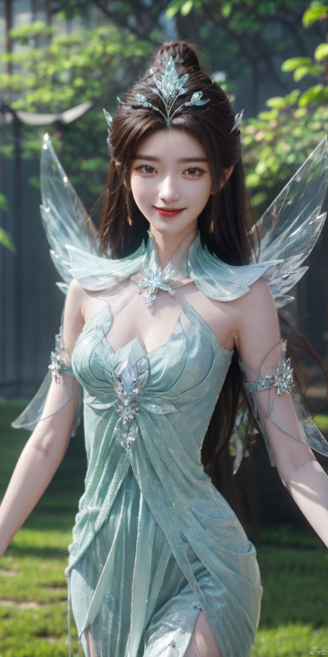  cowboy shot,(Good structure), DSLR Quality,Depth of field,kind smile,looking_at_viewer,Dynamic pose,,1 girl, , young, 8K, ultra fine, epic composition, ultra-high definition image quality, high quality, highest quality, ,  crystal_dress , crystal , wings , 1girl, ,  yanruyu
