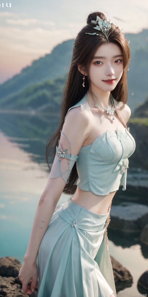  best quality, masterpiece, realistic,cowboy_shot,(Good structure), DSLR Quality,Depth of field,kind smile,looking_at_viewer,Dynamic pose, 
1girl, solo, long hair, , looking at viewer, skirt, hair ornament, bare shoulders, jewelry, , black hair, earrings, outdoors, midriff, water, necklace, lips, crop top, grey eyes, leaning forward, ocean, white skirt, strapless vest, sunset, sun, , , , , , yanruyu