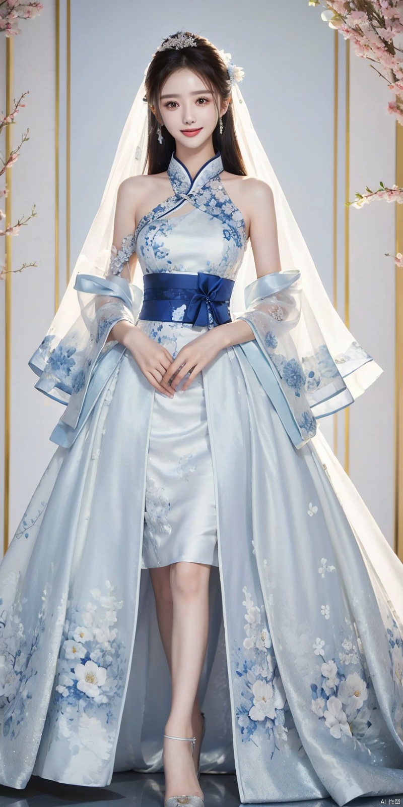  masterpiece, The best quality, 1girl, luxurious wedding dress, dreamy scene, white background, front viewer, looking at viewer, Flowers, romantic, Bride, Translucent white turban, UHD, 16k, , sparkling dress,  , white stockings, , chinese dress,white dress,long hair,
chinese clothes,dress,white dress,floral print,china dress,blue dress,hanfu,long sleeves,print dress,robe,skirt,sleeveless dress,widesleeves, weddingdress, , ((poakl)), yaya,kind smile