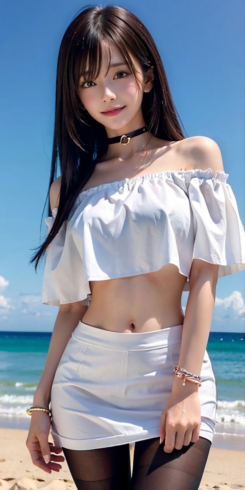  nai3, 1girl, solo, crop top, choker, miniskirt , navel, shirt, midriff, crop top overhang, looking at viewer, white shirt, jewelry, breasts, cowboy shot, bare shoulders, off-shoulder shirt, off shoulder, black choker, thighs, stomach, hand on own thigh, long hair, bracelet, short sleeves, ribbon, hand up, collarbone, hair ribbon, medium breasts, standing, , , bra strap, kind smile, hair ornament, thigh gap, bangs, necklace, expressionless,,blackpantyhose, , Dynamic pose,, , , , linghua,Blue sky, white clouds, beach,Dynamic pose