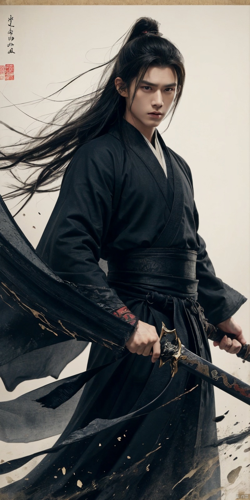  sdmai, wuxia, Chinese ink painting, artistic ink painting, Chinese martial arts films, wearing black robes, fighting posture, cinematic grandeur, splashing details, wild and powerful, solo, weapon, black hair, sword, long hair, male focus, looking at viewer, 1boy, scar, asuo, ((poakl)), 1girl