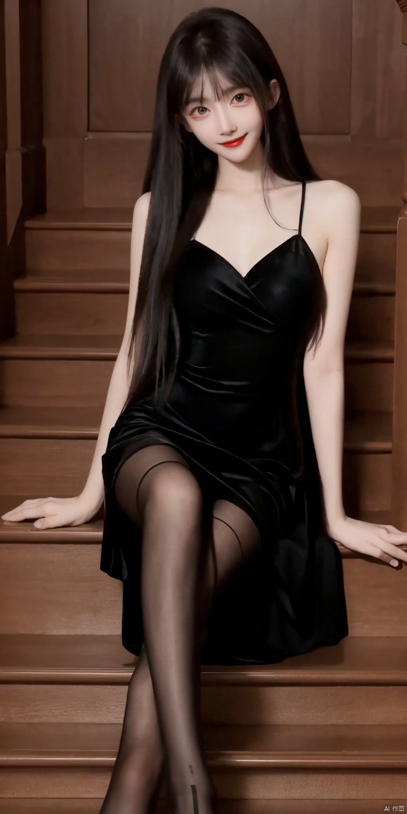  best quality, masterpiece, realistic ,(Good structure), DSLR Quality,Depth of field,kind smile,looking_at_viewer,Dynamic pose, 
1girl, solo, long hair, breasts, black hair, dress,  ,  , sitting, pantyhose, shoes, , see-through, hand on hip, , lipstick, stairs, sitting on stairs,  , , ,  , sunyunzhu, fangfang
