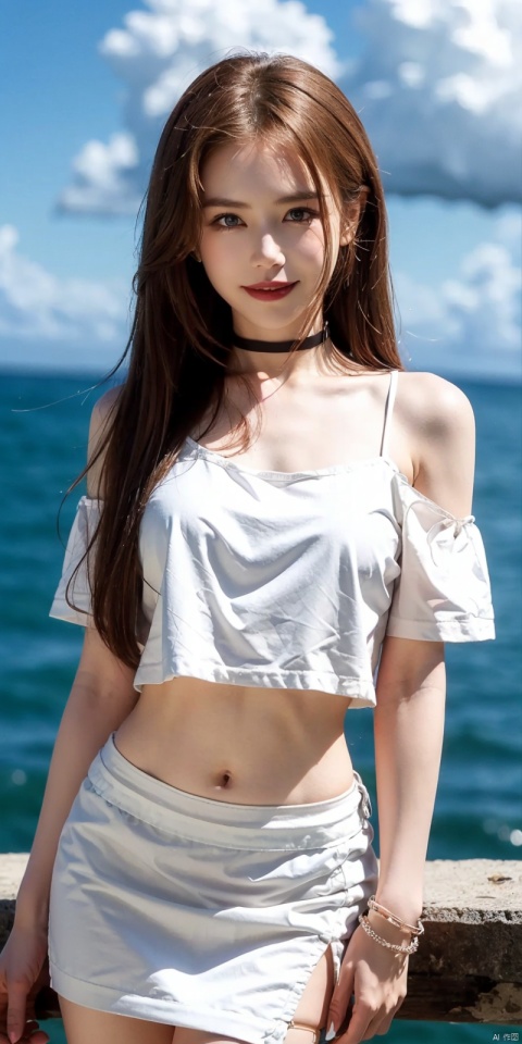 cowboy_shot,(Good structure), DSLR Quality,Short skirt,Blue sky, white clouds, ocean, nai3, 1girl, solo, crop top, , choker, navel, shirt, midriff, crop top overhang, looking at viewer, white shirt, jewelry, breasts, bare shoulders, off-shoulder shirt, off shoulder, black choker, thighs, stomach, long hair, bracelet, short sleeves, ribbon, hand up, collarbone, hair ribbon, medium breasts, , bra strap, , hair ornament, thigh gap, necklace, expressionless, , ,kind smile,   , nike