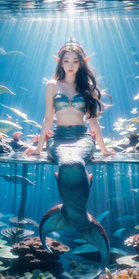  The mermaid, a girl, is at the bottom of the sea at night (a blue moonlight shines on the mermaid princess. The mermaid sits on the reef like an elf: 1.31). It has a beautiful posture, surrounded by sardine, beautiful water plants in the foreground, sparkling corals in the distance, beautiful bubbles, full body photos, ultra wide-angle lens, depth of field, Beautiful composition, unified 8k wallpaper, super details, aesthetics, masterpiece, best quality, photos, masterpiece, authenticity, very detailed,complex details,(Real scene, real light and shadow, real photos, 8k, (masterpiece), photos, wlqc, mermaid,solo,watercolor senery,  dililengba