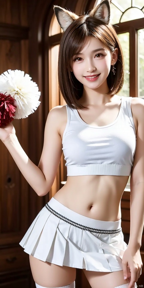 best quality, masterpiece, realistic,cowboy_shot,(Good structure), DSLR Quality,Depth of field,kind smile,looking_at_viewer,Dynamic pose, 
1girl, solo, breasts, looking at viewer, blush, smile, short hair, skirt, brown hair, shirt, thighhighs, navel, holding, animal ears, bare shoulders, underwear, standing, panties, tail, yellow eyes, white shirt, thighs, cowboy shot, pleated skirt, small breasts,, sleeveless, midriff, black thighhighs, indoors, miniskirt, stomach, white panties, grin, crop top, animal ear fluff, bare arms, fox ears, sleeveless shirt, fox tail, halo, pantyshot, white skirt, fox girl, brown thighhighs, cheerleader, pom pom \(cheerleading\), crop top overhang, holding pom poms, tifa