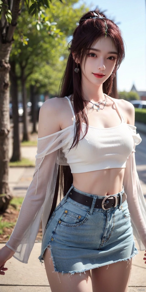  best quality, masterpiece, cowboy_shot,(Good structure), DSLR Quality,Depth of field,kind smile,looking_at_viewer,Dynamic pose,
 1girl, 3d, bare_shoulders, belt, blurry, blurry_background, blurry_foreground, branch, , , , collarbone, cosplay_photo, denim, denim_skirt, depth_of_field, , lips, long_hair, looking_at_viewer, midriff, miniskirt, motion_blur, navel, outdoors, photo_\(medium\), realistic, skirt, solo, standing, tree, , , , yeqinxian